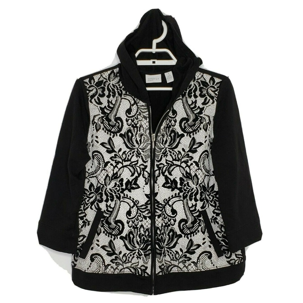 Zenergy by Chicos Jacket Size 1 3/4 Sleeve Black White Hooded Zip Lightweight